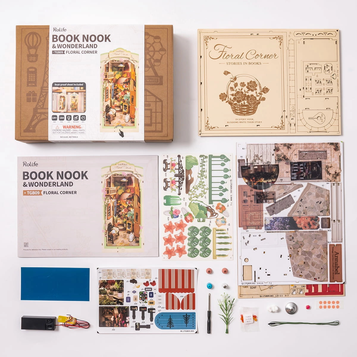 Collection of pieces included in the book nook kit.