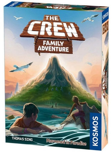 Board game box titled 'The Crew Family Adventure' by Kosmos with a mountain and beach scene on the cover.