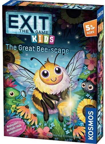 Board game box for 'Exit the Game: Kids - The Great Bee-scape' by Kosmos with a bee illustration on a colorful background.