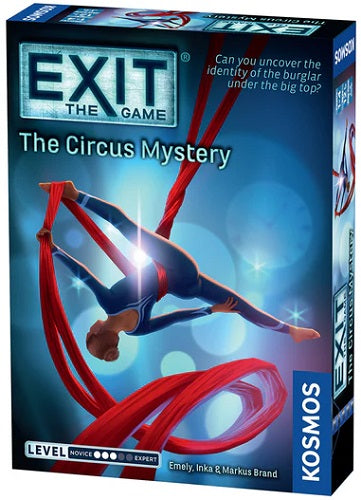 Board game box for 'Exit: The Circus Mystery' by Kosmos with an acrobat on red straps against a blue background.