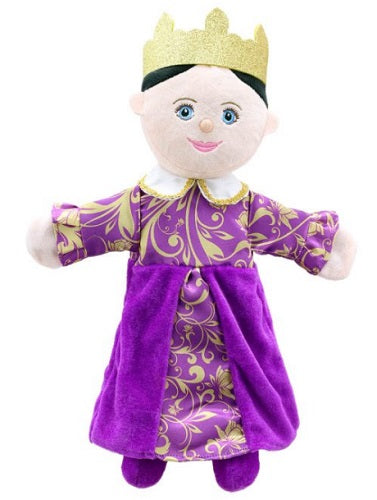 Puppet of a Queen dressed in purple with a gold crown.
