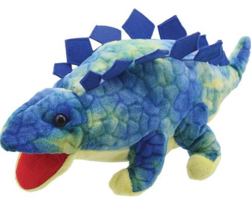 Blue stegosaurus with open mouth.