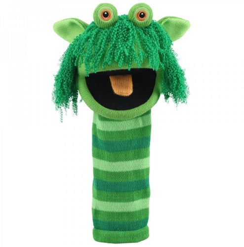 Green striped sock puppet with a green hair on a white background