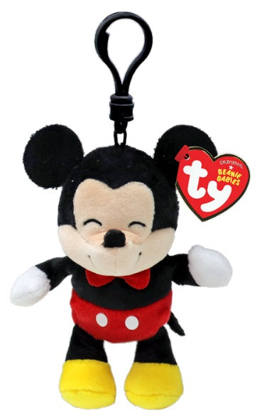 Mickey Mouse with closed eyes on a key chain with red heart shaped tag.