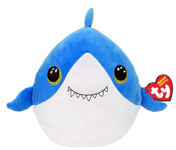 Blue and white shark plush with red heart shaped tag.