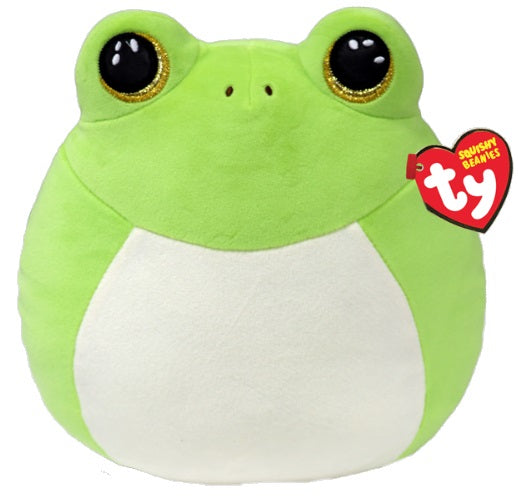 Green frog with gold eyes and red heart shaped tag.