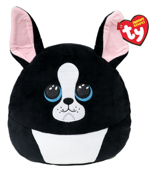 Black dog with large pink ears and red heart shaped tag.
