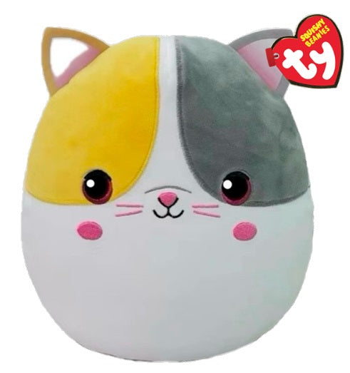 White cat head with one orange and one gray spots.