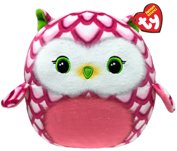 Pink and green owl with red tag heart