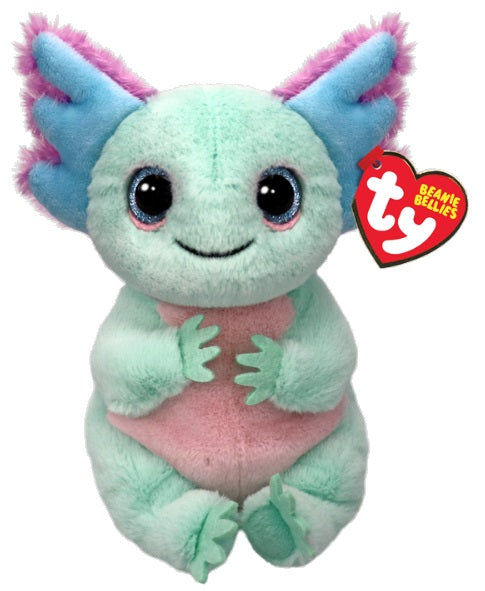 Sitting axolotl plush with red heart shaped tag.
