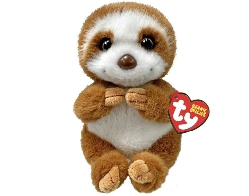 Brown sloth plush with red heart tag.