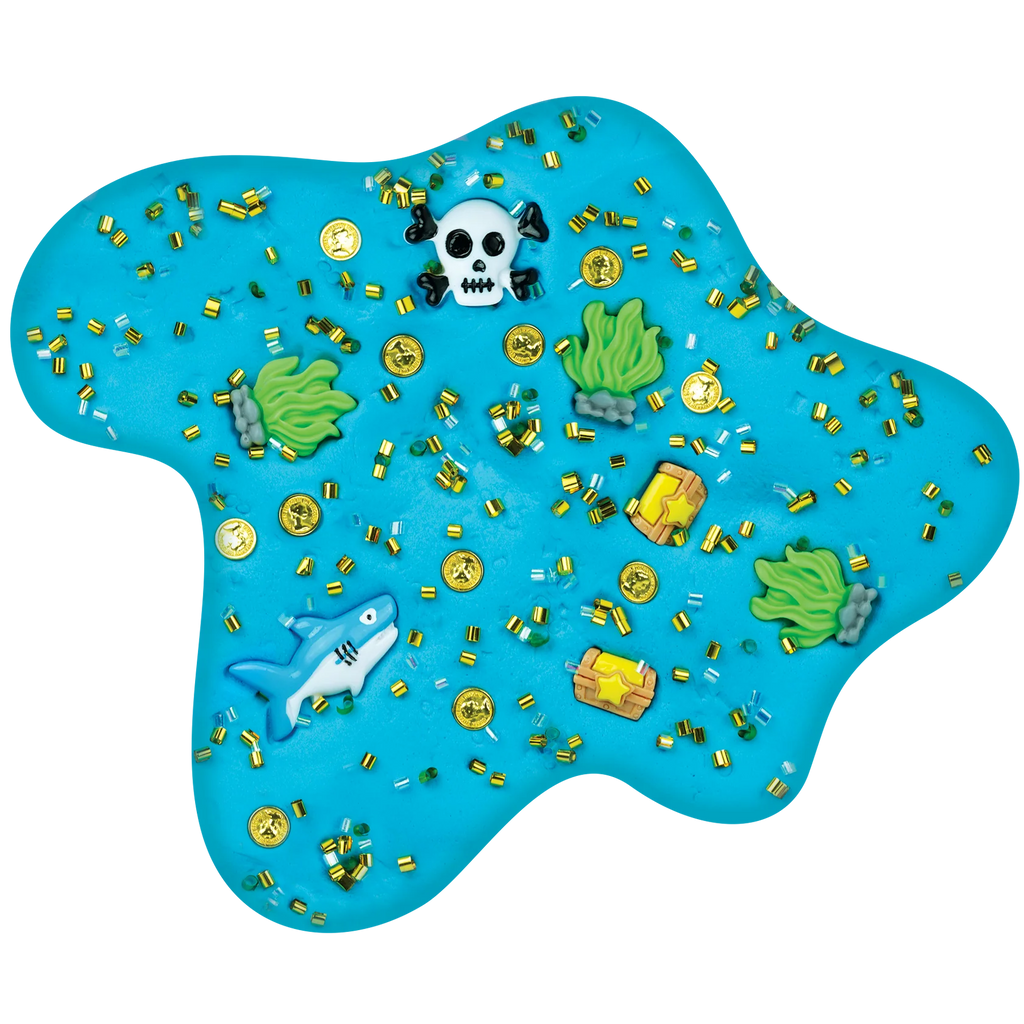 Slime blob with random pieces in it, including a shark, skull and cross bones, and small gold pieces.