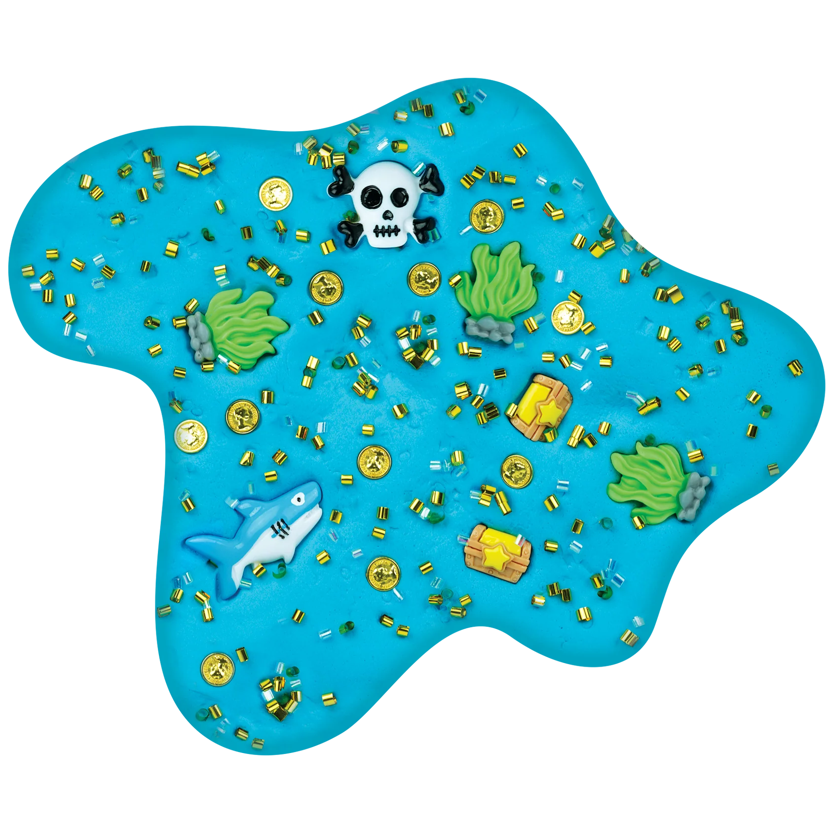 Slime blob with random pieces in it, including a shark, skull and cross bones, and small gold pieces.