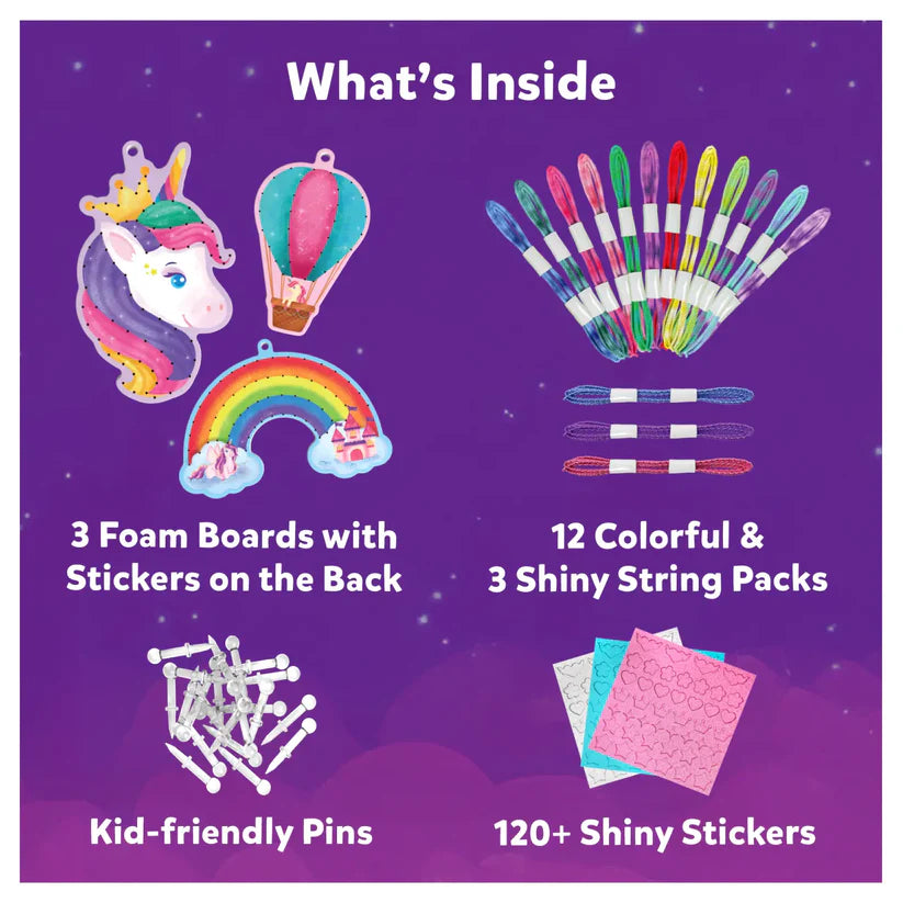Product packaging with illustrations of items included: foam boards, colorful string packs, pins, and stickers on a purple background.