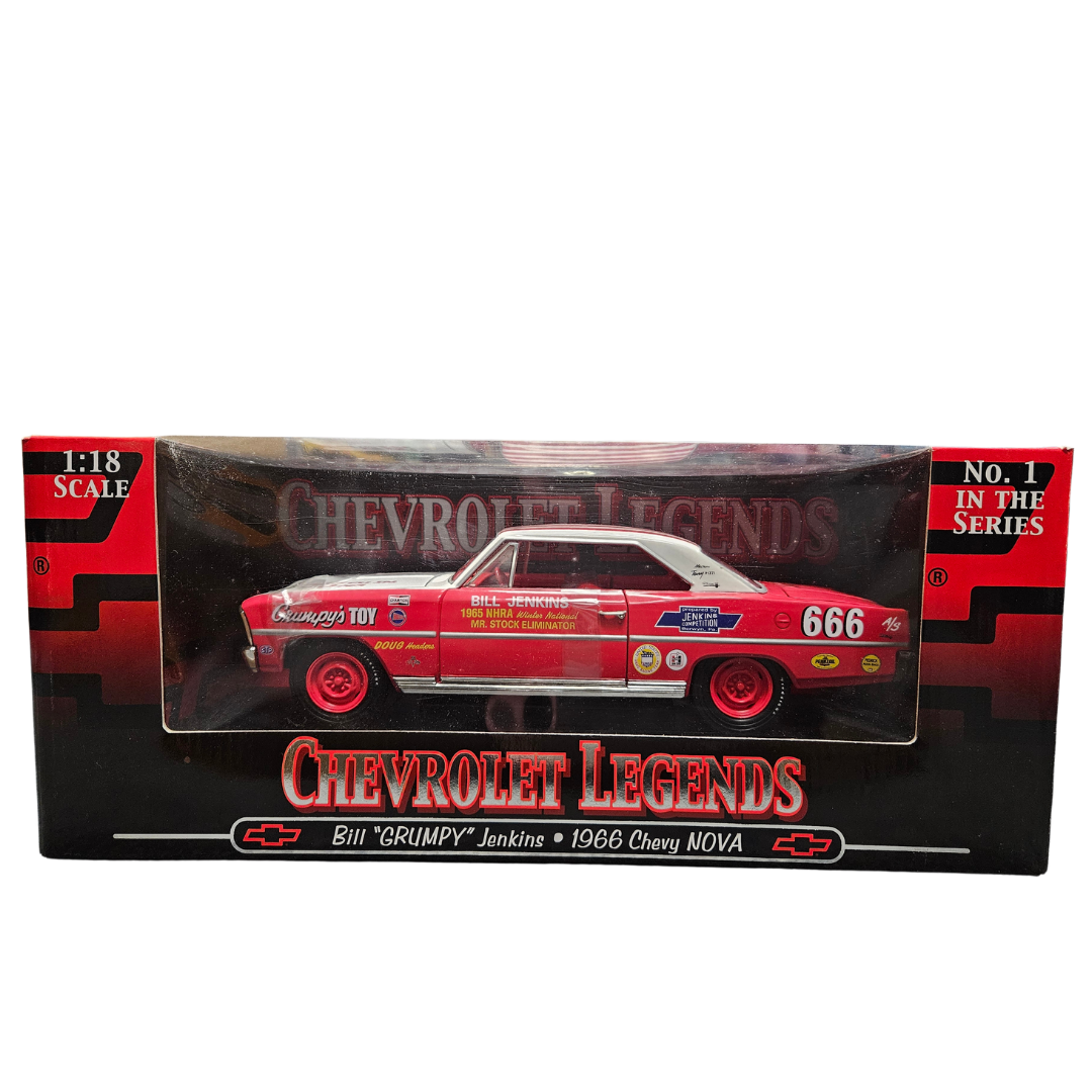 A 1/18 scale model of a 1966 Chevy Nova Grumpy Jenkins in red and white, packaged in a black and red box with 'Chevrolet Legends' text.