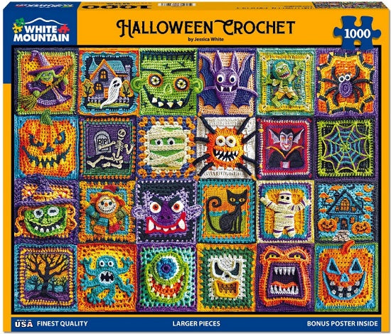 White Mountain Halloween Crochet 1000-piece jigsaw puzzle box featuring a colorful grid of crocheted Halloween-themed squares including pumpkins, ghosts, mummies, bats, spiders, and haunted houses.