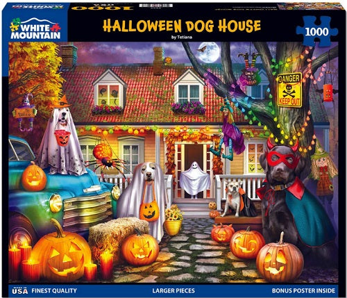 "Halloween Dog House" puzzle, showing dogs dressed up in Halloween costumes in front of a decorated house and several jack-o-lanterns.
