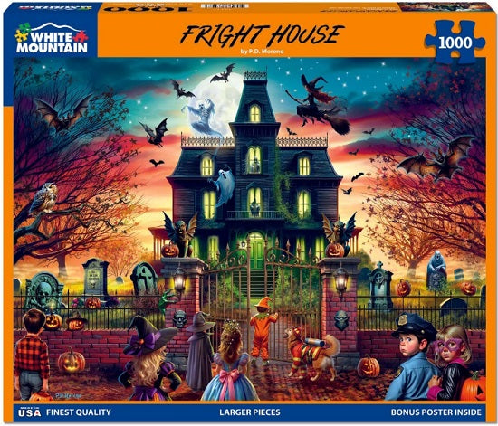 White Mountain Fright House 1000-piece jigsaw puzzle box featuring a spooky haunted house scene with bats, ghosts, pumpkins, and children in Halloween costumes under a full moon.