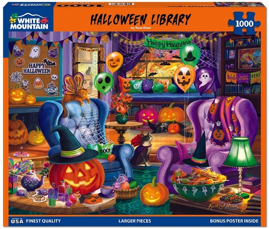 White Mountain brand 1000 piece puzzle box, featuring 2 chairs in a library colorfully decorated for Halloween.