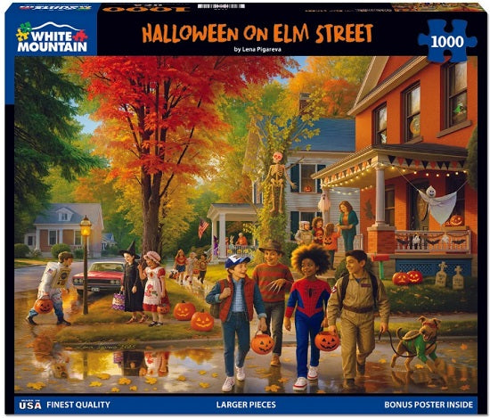 White Mountain brand 1000 piece puzzle box "Halloween on Elm Street."  Puzzle shows kids dressed in costumes walking together with houses decorated for Halloween and colorful trees in the background.