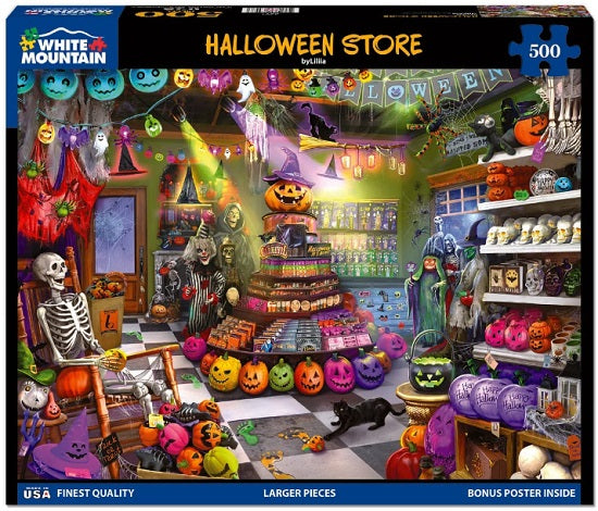 White Mountain brand 500 piece puzzle box showing a colorful Halloween store.