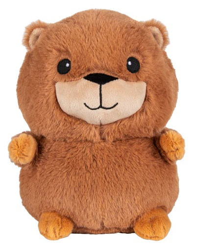 A plush toy resembling a brown capybara with a friendly facial expression, made of soft fabric.