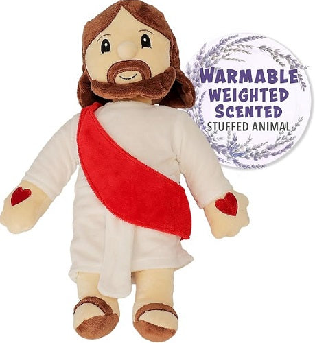Plush Jesus figure with heart on his hands and the words "Warmable Weighted Scented Stuff Animal"  next to the plush.