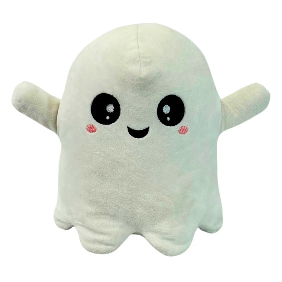 Cute plush ghost toy with black eyes and a smiling mouth on a white background