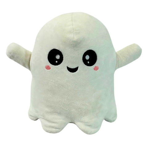 Cute plush ghost toy with black eyes and a smiling mouth on a white background