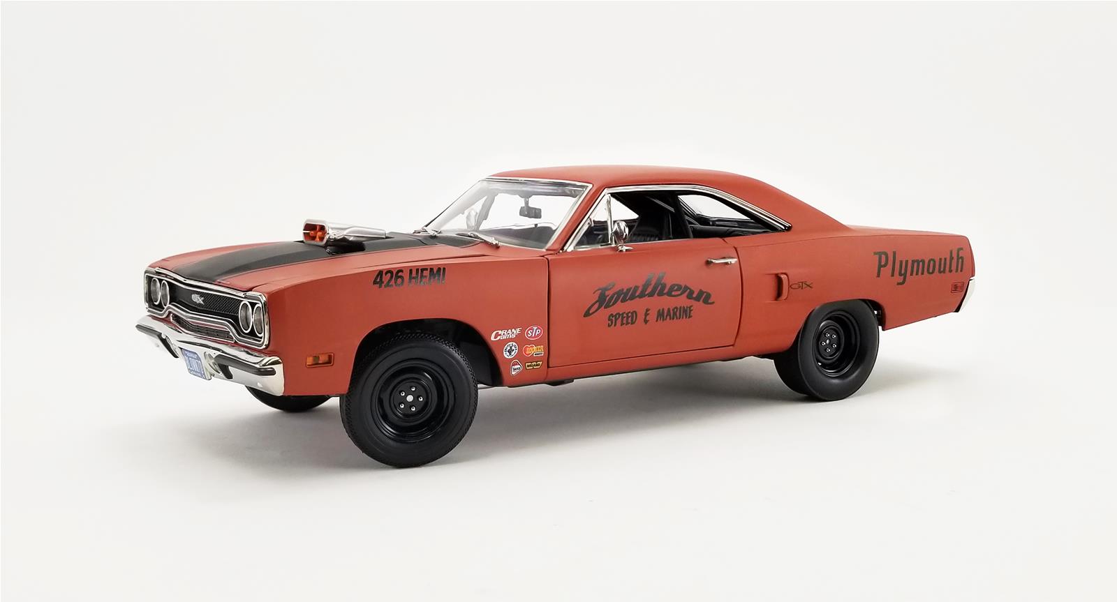 1/18 scale diecast model of a red primer 1970 Plymouth GTX with "Southern Speed & Marine" on the doors.