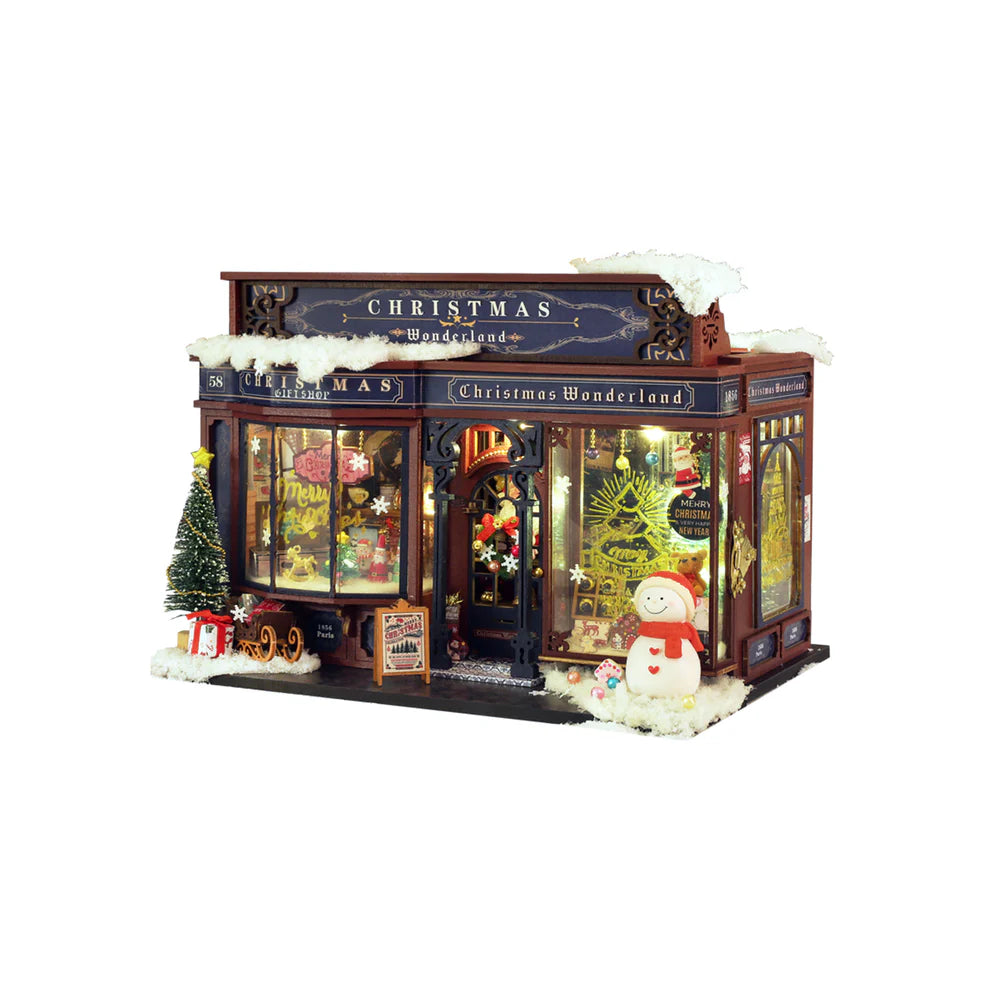 Assembled miniature kit of a Christmas Wonderland store.