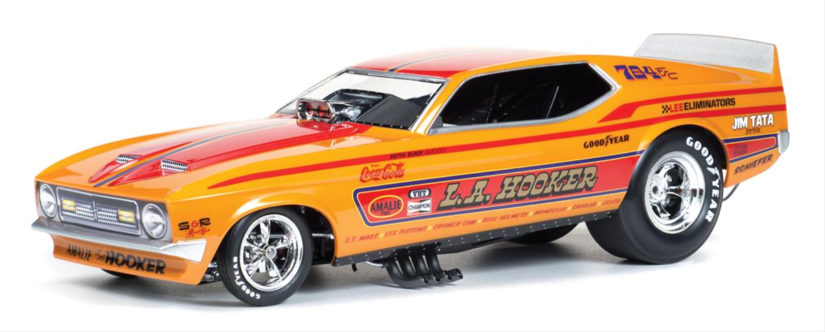 A 1/18 scale model of a 1971 Ford Mustang NHRA Funny Car in orange with red stripes.