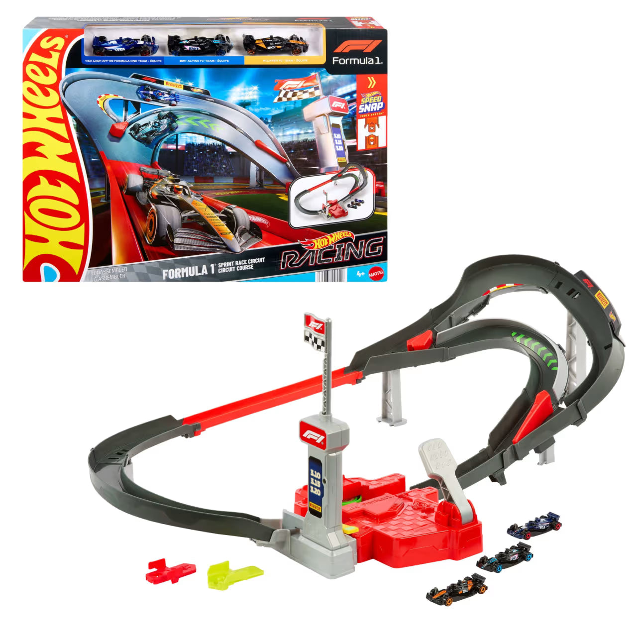 Hot Wheels Formula 1 racing track set with packaging on a white background