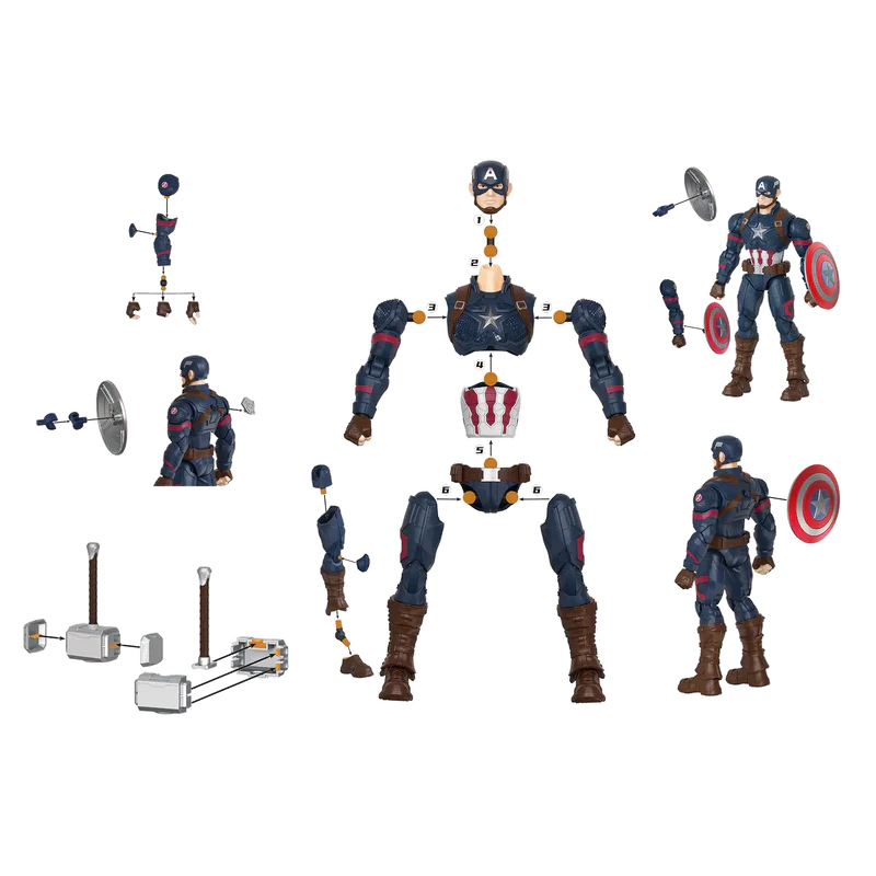 Disassembled Captain America action figure with parts on a white background