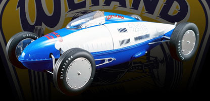 1/18 scale diecast model car of a belly tanker in blue and white.