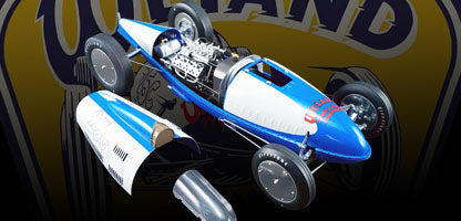 1/18 scale diecast model car of a belly tanker in blue and white.