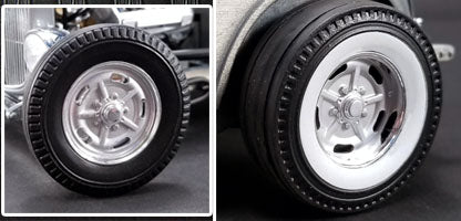 Close up of model car wheels and tires.