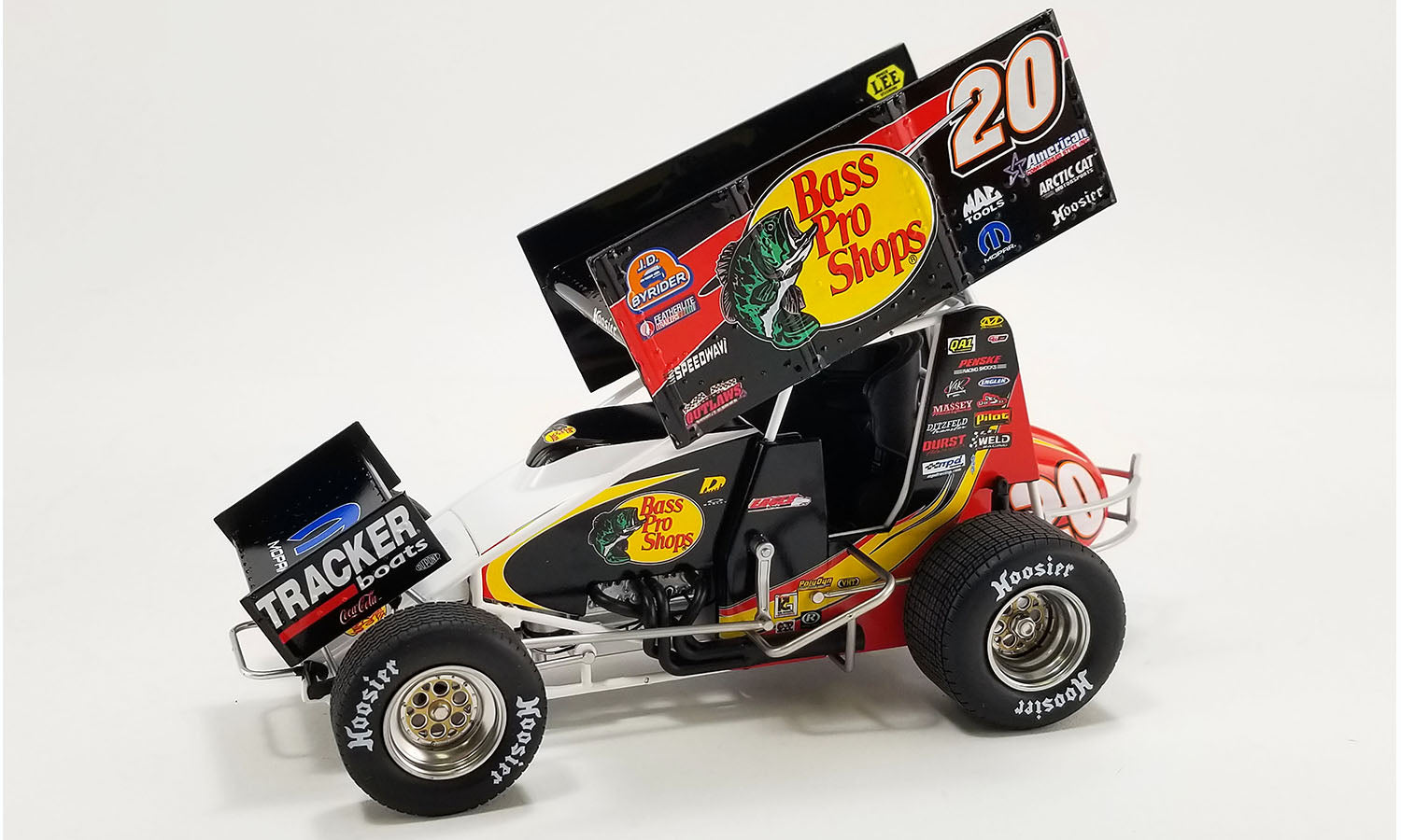 Diecast model sprint car with "Bass Pro Shops" branding.