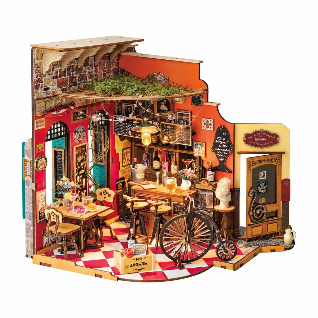 Detailed miniature model of a bar scene.