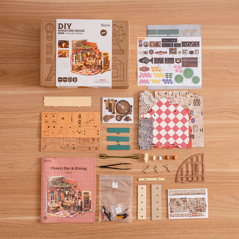 Collection of pieces included in Cheers Bar & Dining Miniature Kit.