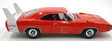 1/18 scale diecast model of a 1969 Dodge Charger Daytona red with white wing.