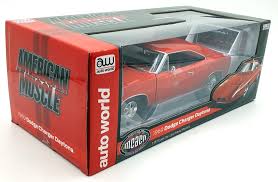 1/18 scale diecast model of a 1969 Dodge Charger Daytona red with white wing in red and black box with clear display window.