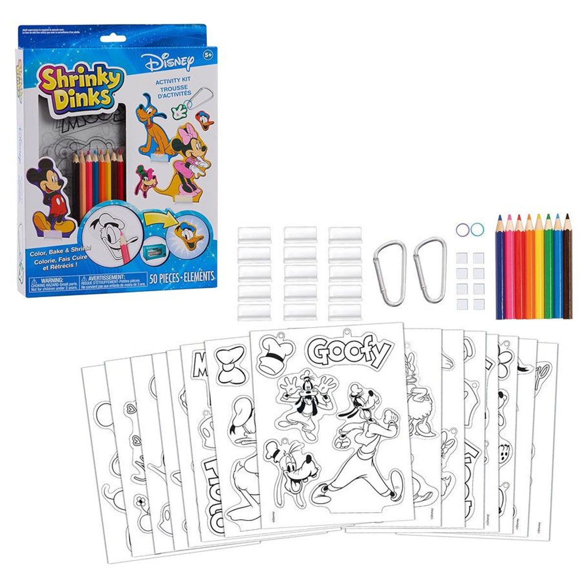 Shrinky Dinks Disney activity kit package with coloring pages, pencils, and carabiners