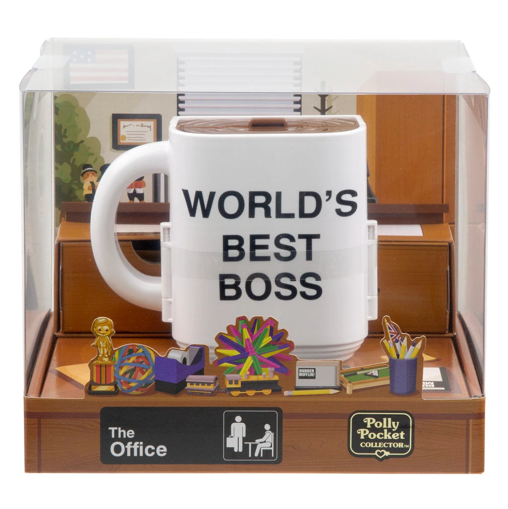 Mug shaped playset with "WORLD'S BEST BOSS" on the side inside desk themed package.