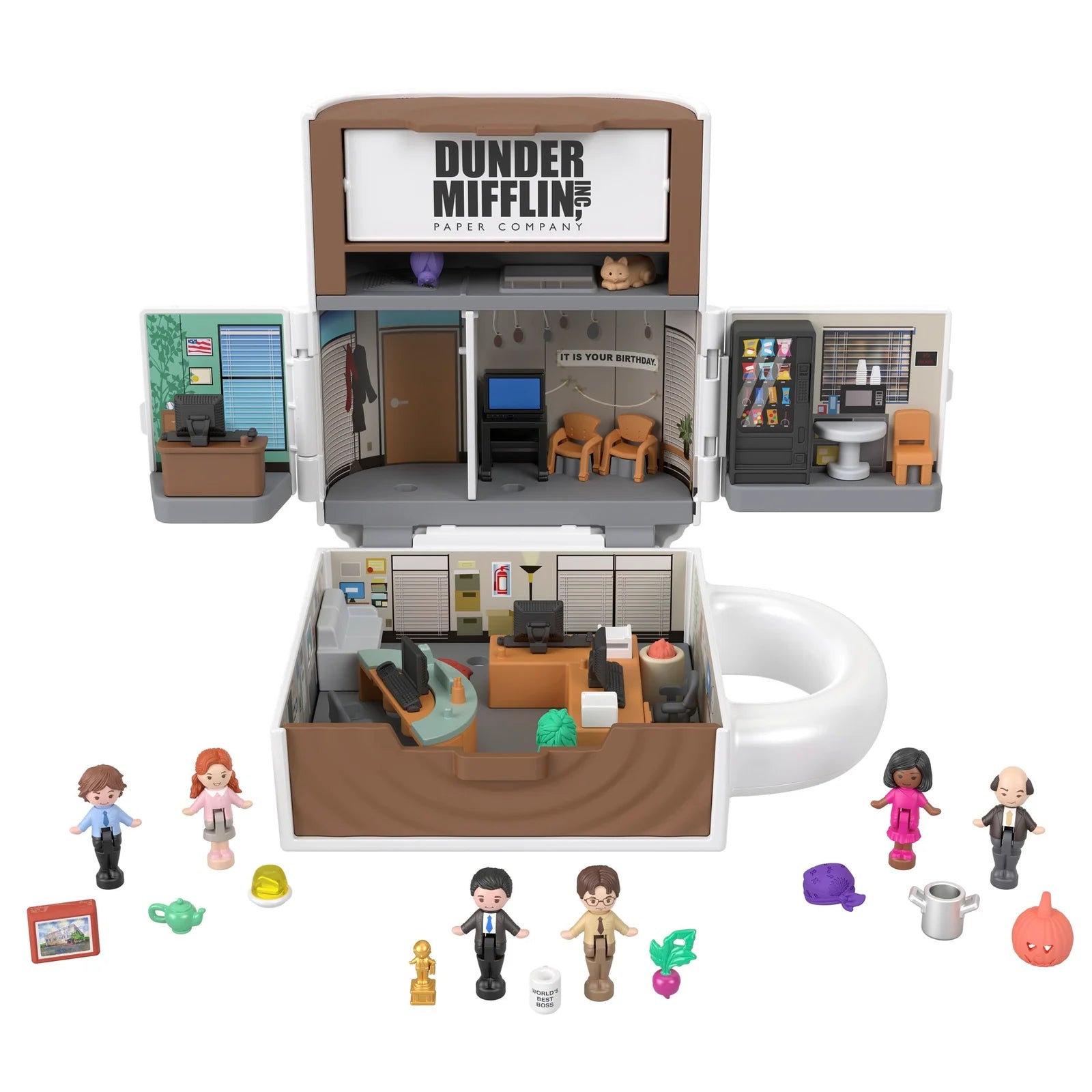 Toy office set with characters from 'The Office' on a white background