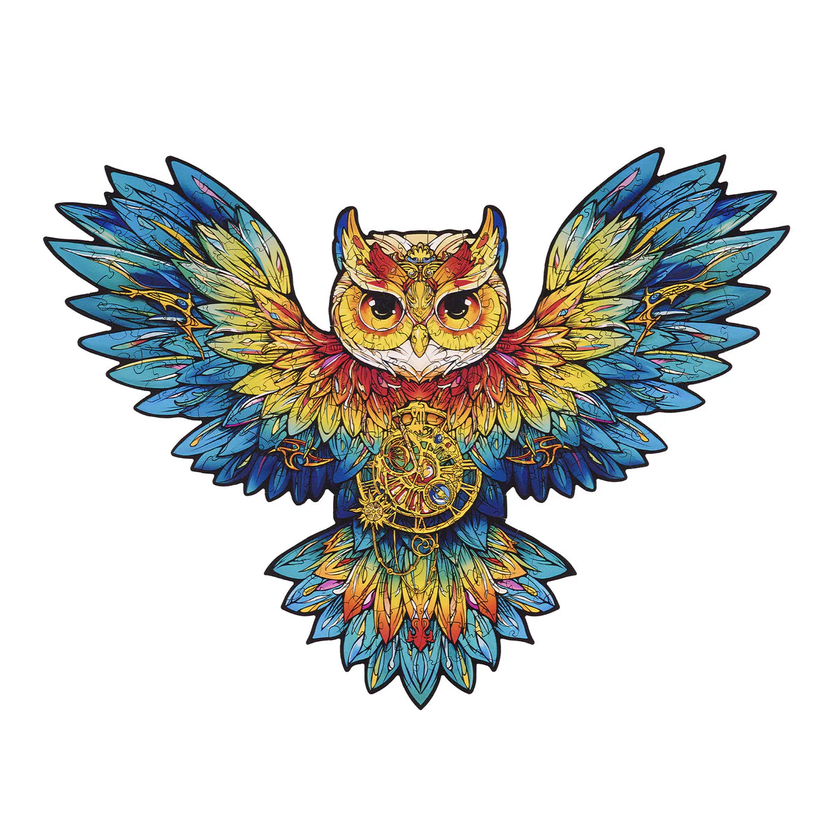 Colorful owl design with random laser cut puzzle piece lines 