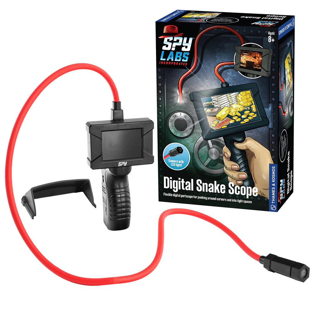 Digital snake scope with red cable and Spy Labs packaging on a white background