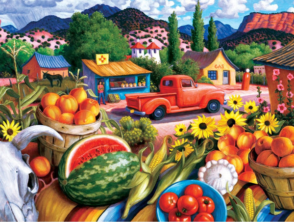 Roadside of the Southwest Summer Fresh 550 Piece Puzzle New Mexican mountains combine with the desert to produce a bountiful summer market. Whether capturing a bountiful table of delights on a Mexican beach or a parade of trailers through the desert countryside, his paintings express the artist's obvious amusement and fascination with the Southwest.