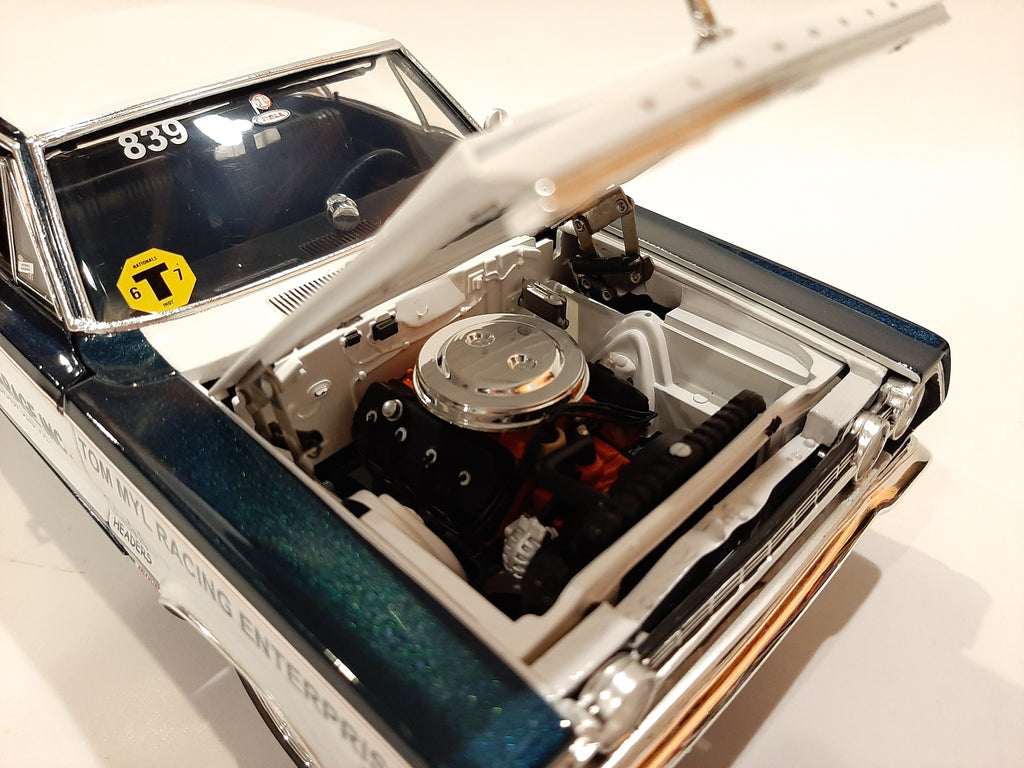Under the hood of 1/18 scale diecast model car of racing 1967 Plymouth Belvedere