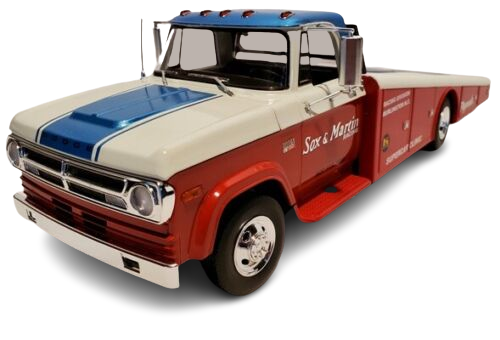 A 1/18 scale model of a 1970 Dodge D300 Sox & Martin Ramp Truck in red, white, and blue colors.